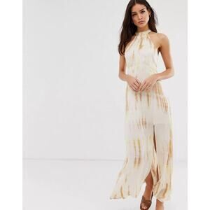 Stradivarius Halter Front Slit Maxi Dress Silky Satin Lined Size Large NEW w Tag